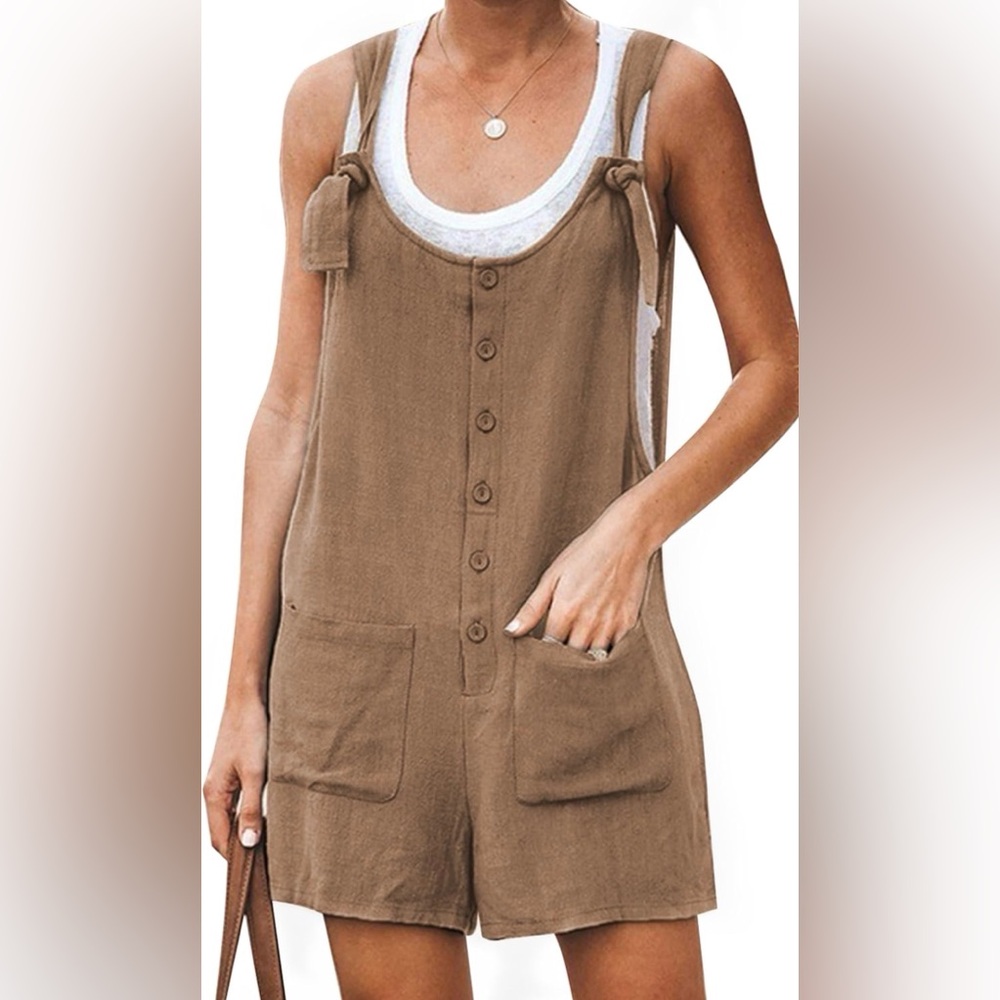 Yeokou Women's Cotton Linen Overall Romper Adjustable Tie Straps w/Pockets NWOT